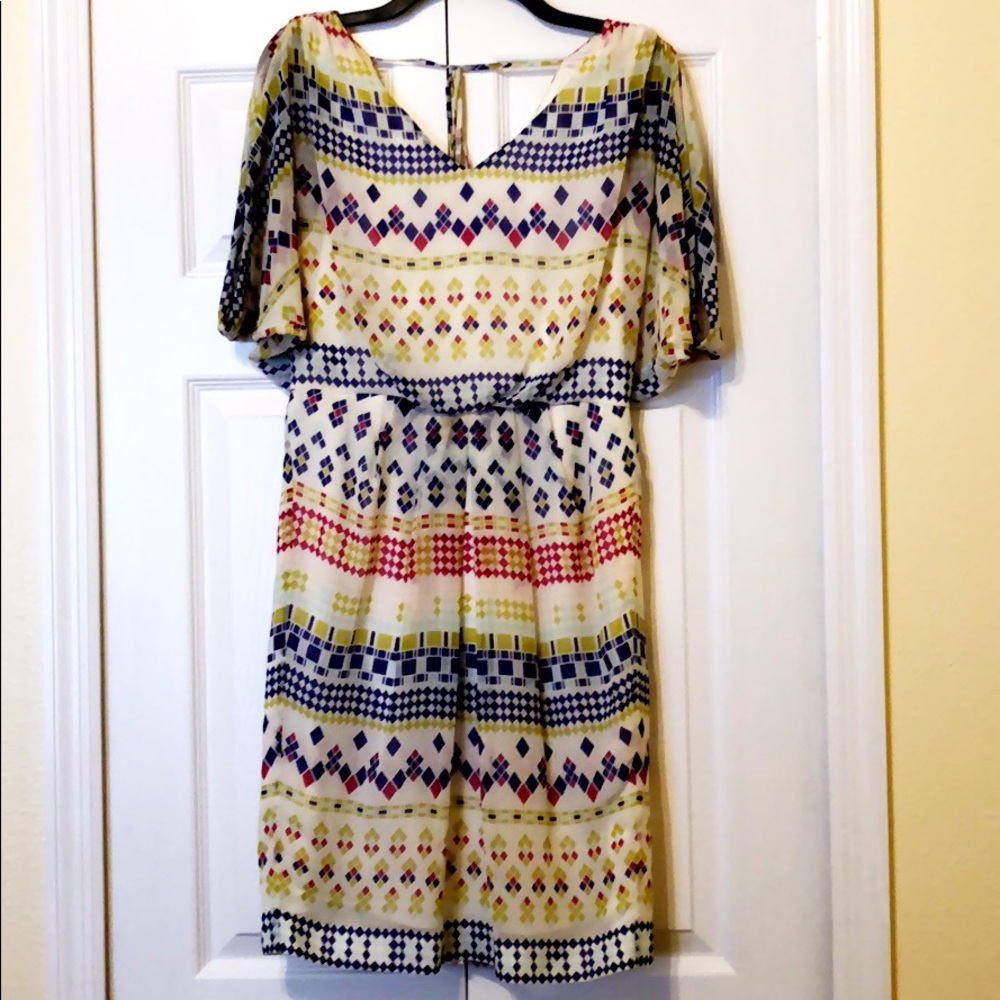 Vince Camuto Cream Midi Dress with Blue, Yellow and Pink Geometric Print
